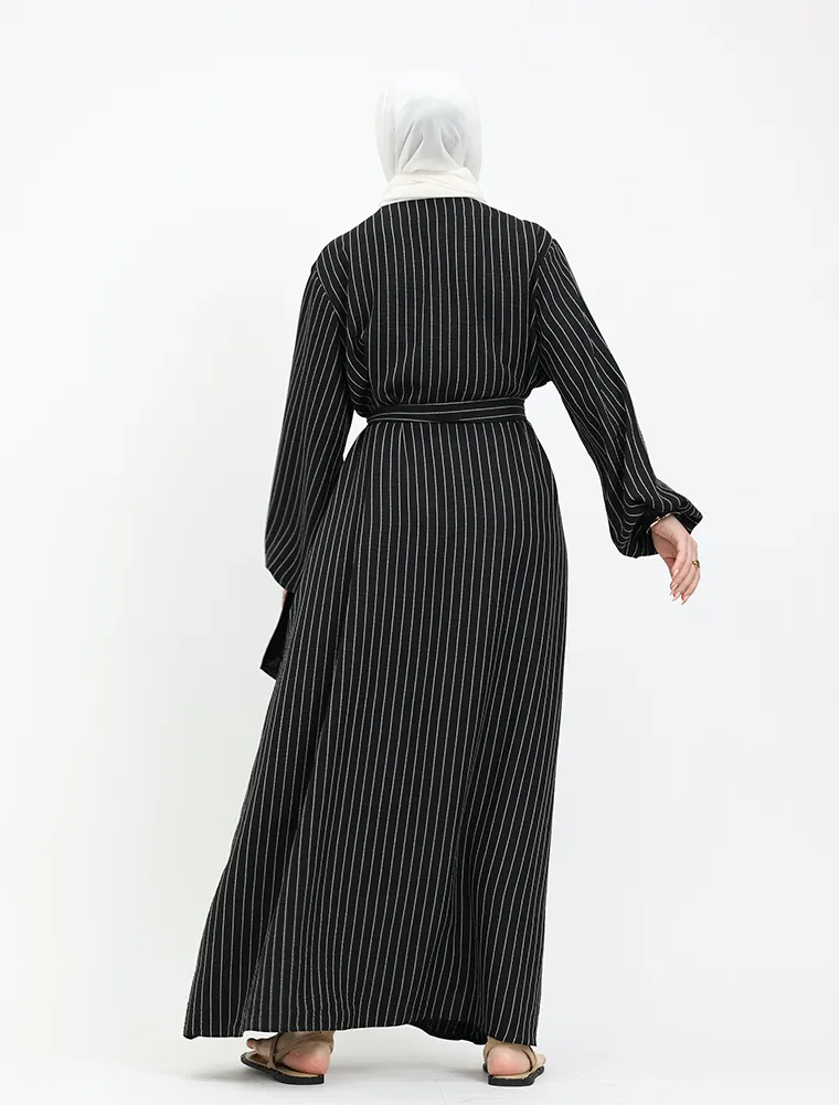 Black Stripe Linen Feel Essential Abaya